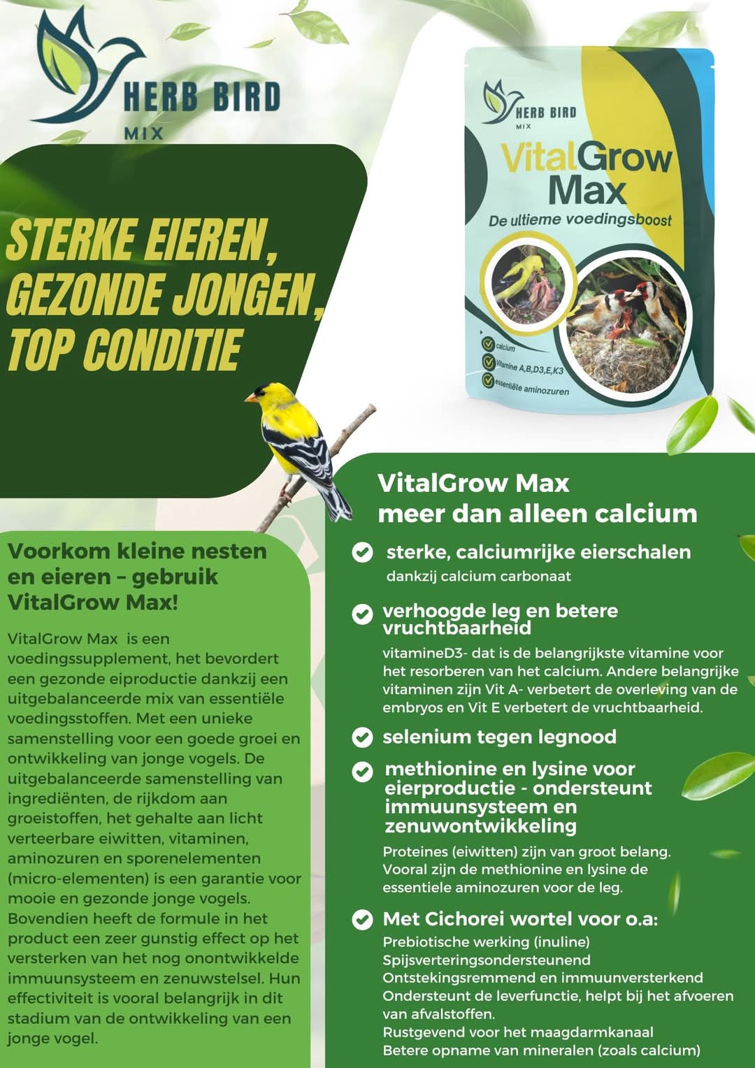 VitalGrow Max 500 Gram - Calcium Vitamines en Essentiële aminozuren  - Herb Bird Mix